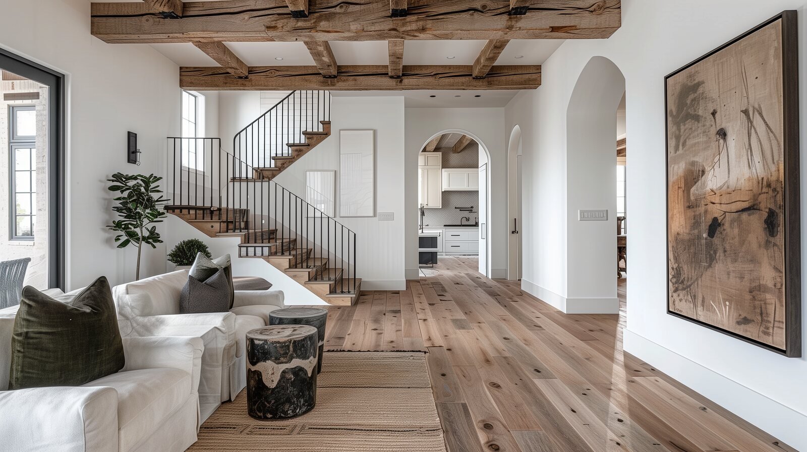 Bright open entryway with wood floors and a staircase in a western DFW home
