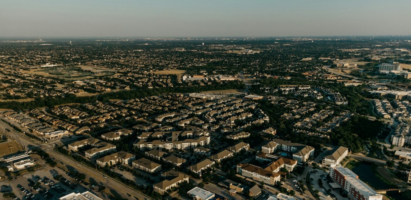 Aerial view of Mid-Cities neighborhoods and townhome communities